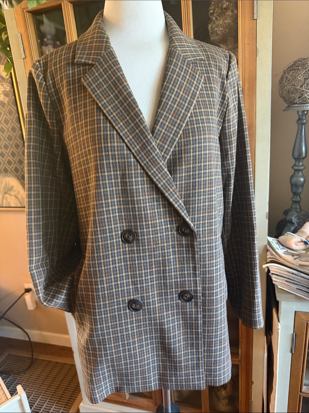 Madewell Double-Breasted Plaid Blazer in Brown and Blue